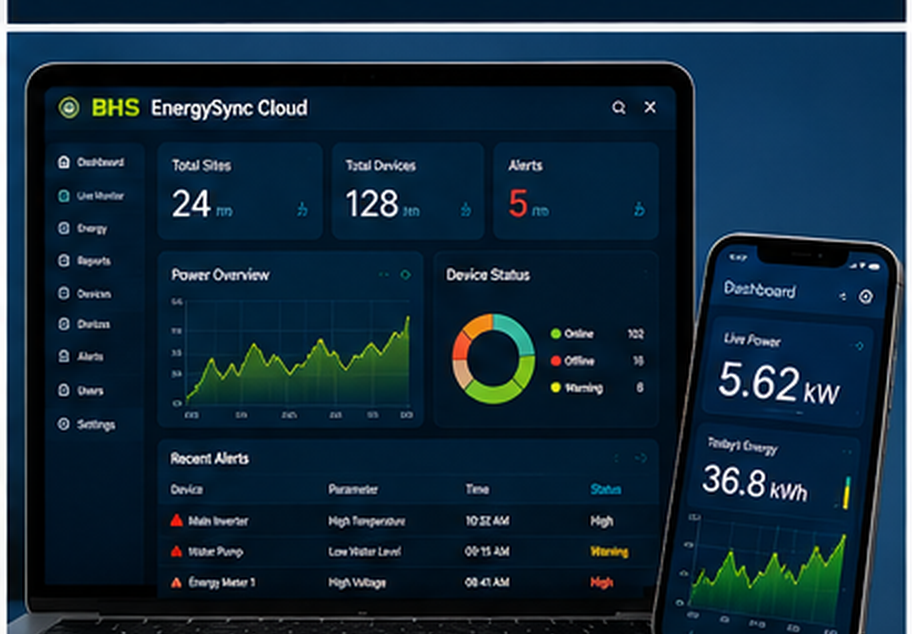 BHS EnergySync software and cloud — laptop and mobile dashboards for energy IoT monitoring
